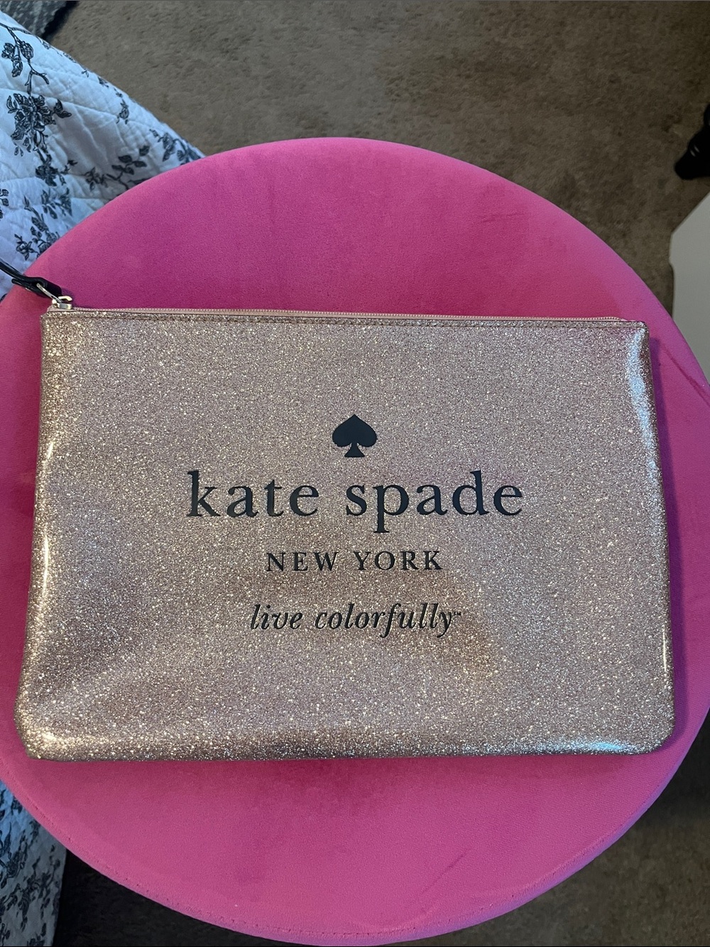 Kate Spade Glitter Rose Gold Logo Zip Pouch